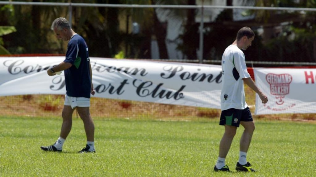 Republic of Ireland manager Mick McCarthy and Roy Keane at training in Saipan. Photograph: Andrew Paton/Inpho