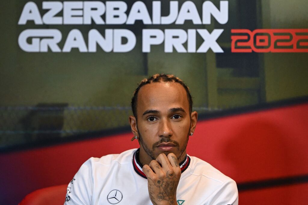 Mercedes driver Lewis Hamilton attends a press conference ahead of the Formula One Azerbaijan Grand Prix at the Baku City Circuit: 'Creating a more inclusive environment is so important.' Photograph: Ozan Kose/AFP