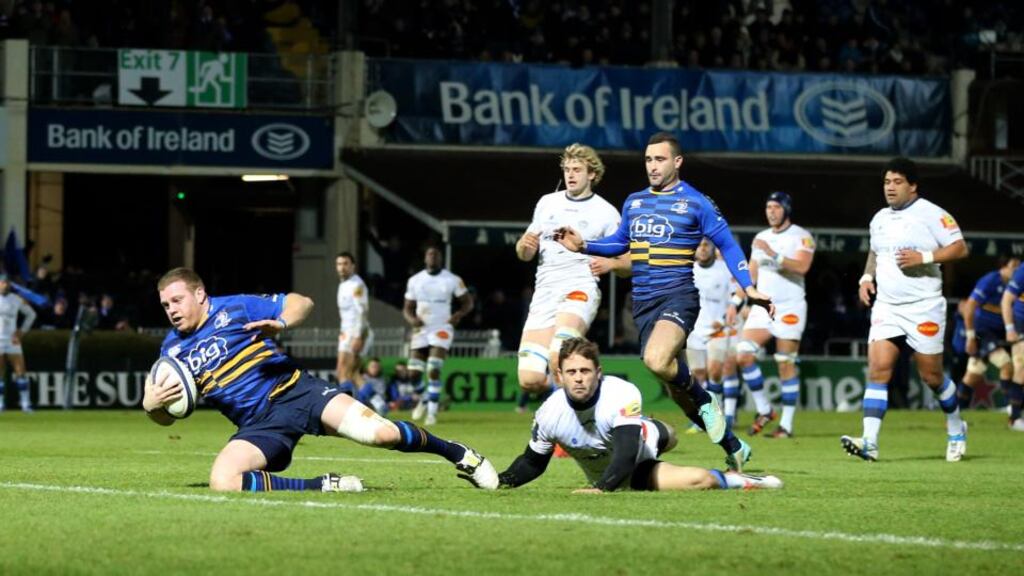 Seán Cronin goes over to score Leinster’s fourth try in the European Champions Cup match against Castres at the RDS. Photograph: Cathal Noonan/Inpho