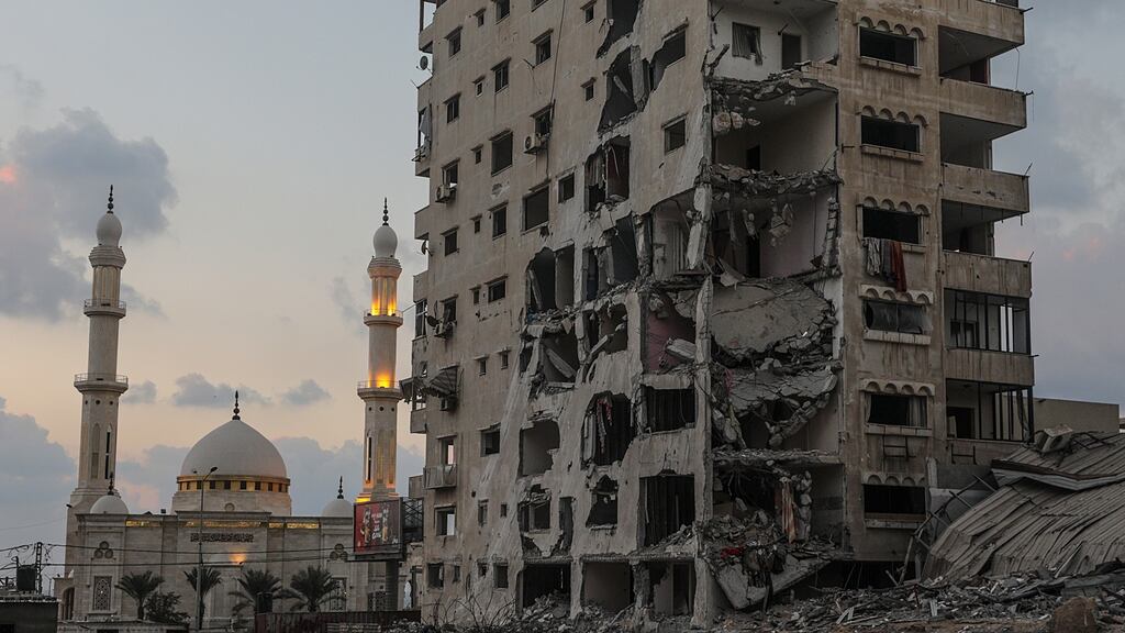 Destroyed towers and houses in Gaza City: After 11  days of fighting in May, a ceasefire came into effect between Israel and militants in Gaza strip. Photograph: Mohammed Saber