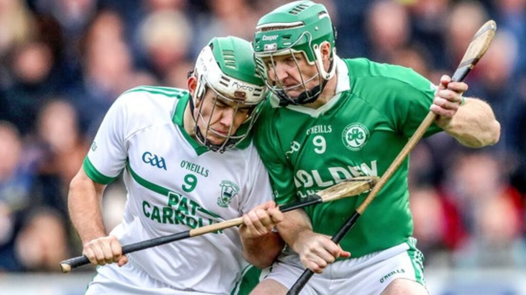 Henry Shefflin clashes with Paddy Deegan during Ballyhale Shamrocks’ Kilkenny SHC defeat to O’Loughlin Gaels. Photograph: Inpho