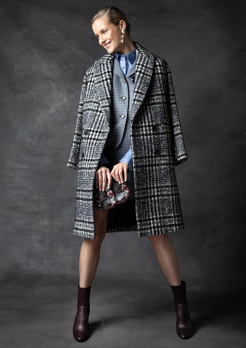 Check tweed coat Pablo €550, blue check blazer DMN 760, blue silk shirt DMN €390, blue check mini skirt DMN €140, python bag, Longchamp €500, pear drop earrings, Lulu Frost at Loulerie
