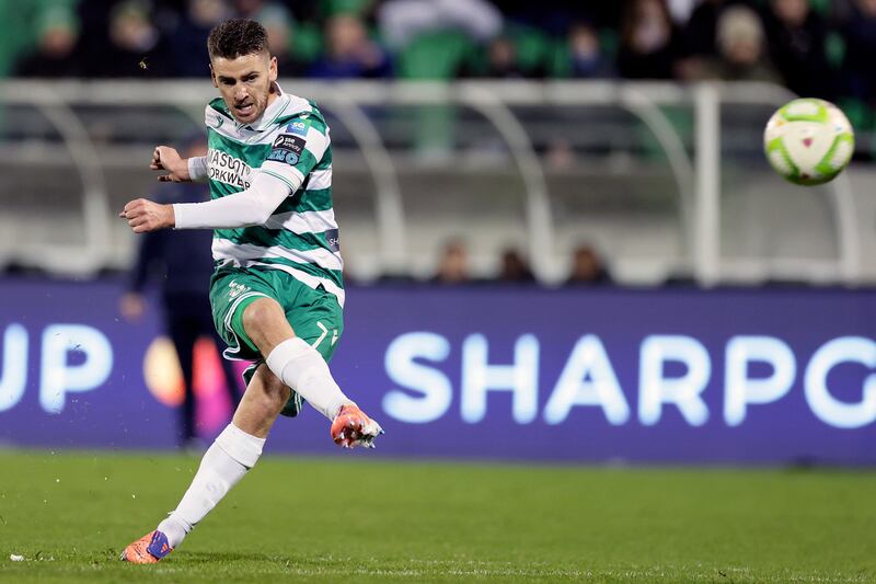 Dylan Watts sends in the freekick that sealed the title for Shamrock Rovers. Photograph: Laszlo Geczo/Inpho