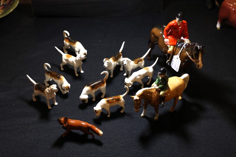 Beswick pottery hunting group of riders, hounds and a fox (€650) at Hugo Greene’s stall. Photograph: Dara Mac Dónaill
