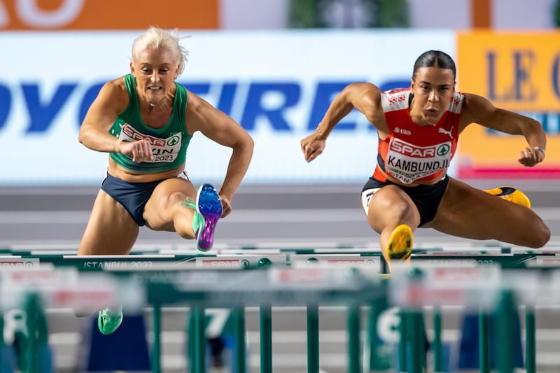 Ireland’s Sarah Lavin competing in the women’s 60m final alongside Switzerland’s Ditaji Kambundji. Photograph: INPHO/Morgan Treacy