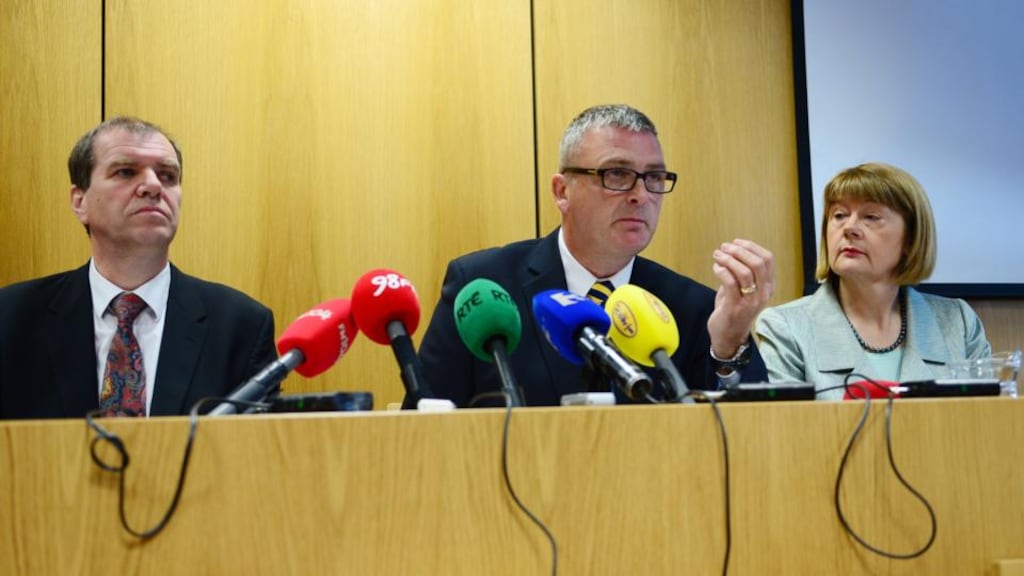 Simon O’Brien, centre, chairman of the Garda Síochána Ombudsman Commission, at yesterday’s publication of it’s seventh annual report, with commission members Kieran Fitzgerald and Carmel Foley. Photograph: Bryan O’Brien