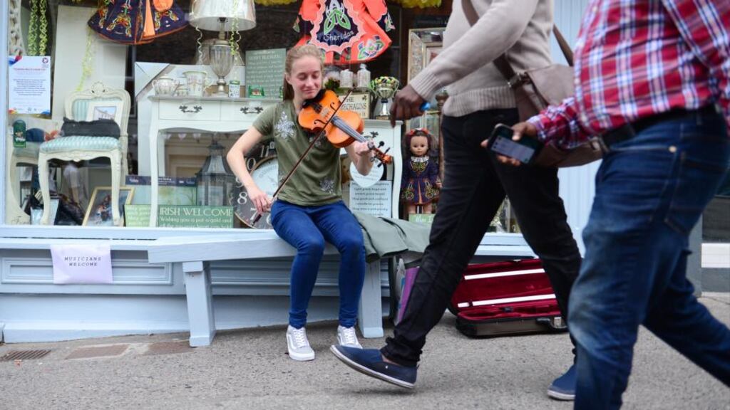 Seoda Matthews from Drogheda playing traditional music on the street during last year’s Fleadh Cheoil in Drogheda. Photograph: Bryan O’Brien/The Irish Times