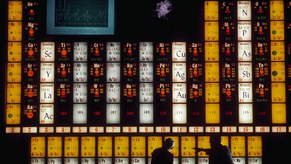 Two scientists use a massive, illuminated periodic table of elements as they discuss the element holmium in the Lawrence Hall of Science at the University of California, Berkeley. Photograph: Ted Streshinsky/Corbis via Getty Images