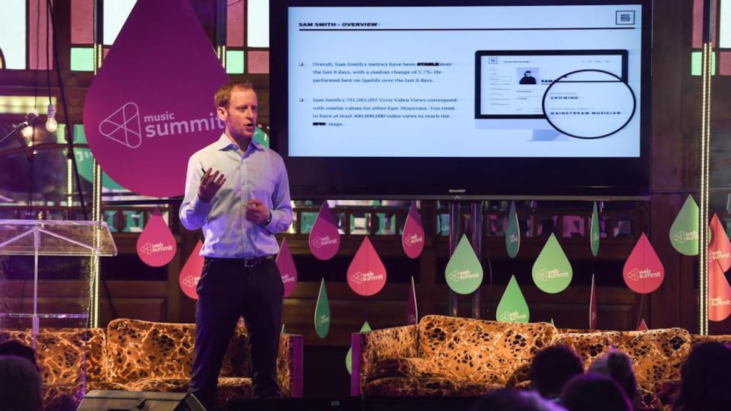 Alex White, Co-Founder, Next Big Sound, discusses Moneyball for the Music Industry: What Analytics Can Teach Us About Music on the music stage at the Web Summit. Photograph: Diarmuid Greene/Sportsfile