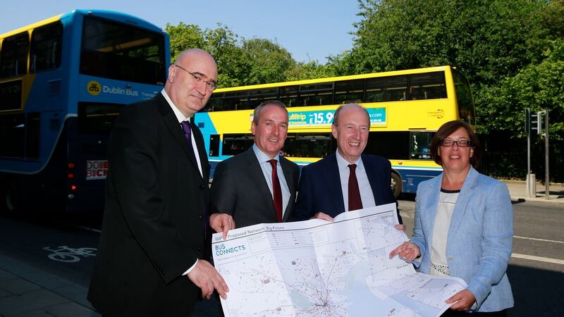 Jarrett Walker, the principal architect of the BusConnects plan for Dublin; Dublin Bus chief executive Ray Coyne; Minister for Transport Shane Ross; and NTA chief executive Anne Graham. Photograph: Nick Bradshaw