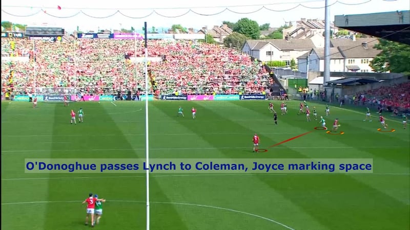 Cork too often allowed Cian Lynch to drift into space, where he was often not picked up. Here Lynch moves into space to pick up a pass from Barry Nash, which leads to the first Limerick goal.