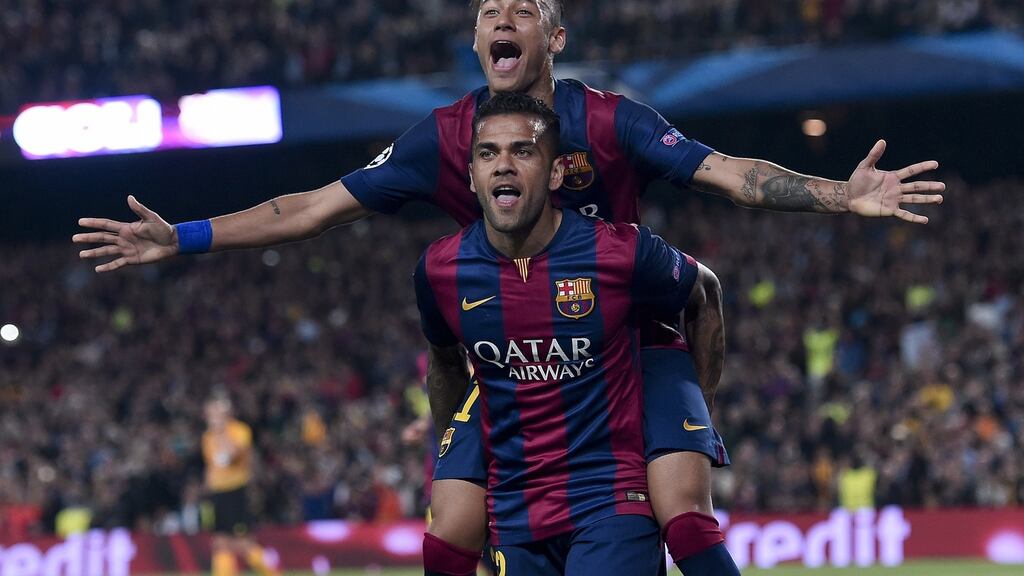 Barcelona’s Brazilian duo of Dani Alves and Neymar da Silva Santos Junior at the Camp Nou stadium. Photograph: Getty Images