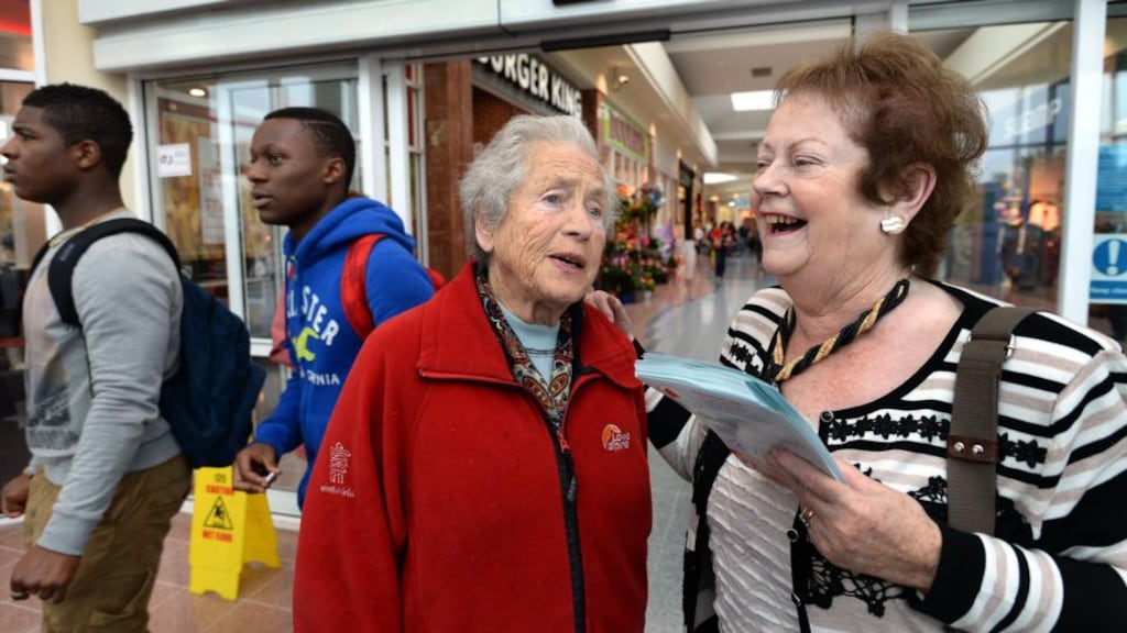 Mary O’Rourke with local Mary McCormack during a Democracy Matters campaign at Golden Island shopping centre Athlone where she was urging for a No vote in the Seanad referendum next month.Photograph: Brenda Fitzsimons / The Irish Times