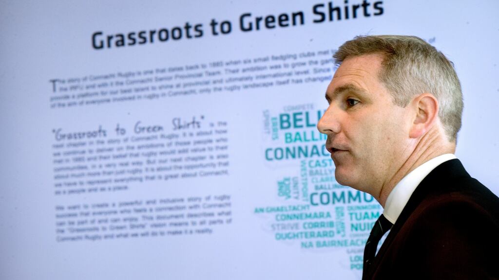Chief executive Willie Ruane speaks at the launch of Connacht Rugby’s Vision & Strategy 2016-2020 at the Aviva Stadium in Dublin. Photograph: James Crombie/Inpho
