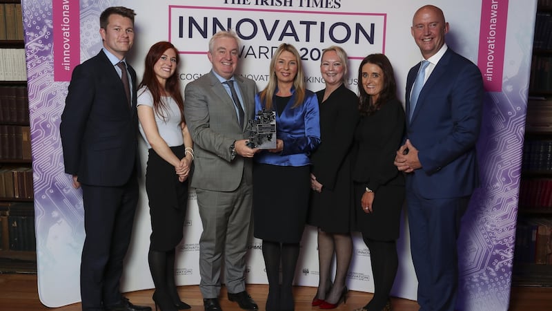 BidX1’s Jonathan Fenn, Nicole Pomeroy, Stephen McCarthy, Gerardine Doyle (UCD), Adrienne Vuotto, Gillian Early, and Mike Murphy. The company won the New Frontiers category sponsored by UCD Michael Smurfit Graduate Business School.