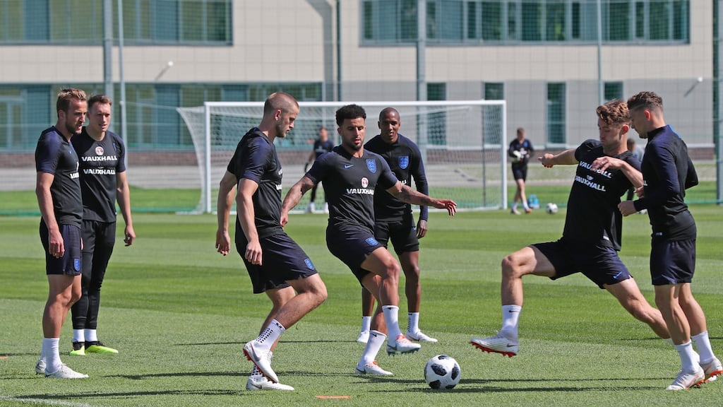 England players during a training session at the Spartak Zelenogorsk Stadium ahead of their Group G encounter with Belgium. Photo: Tolga Bozoglu/EPA