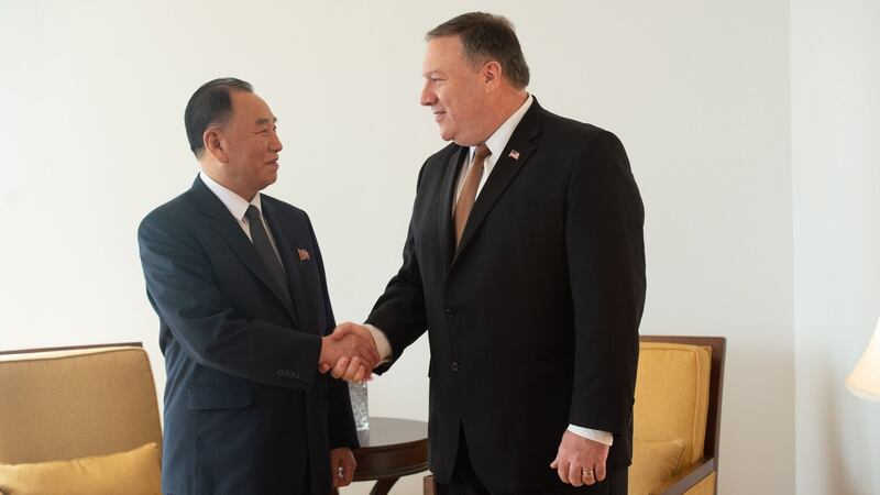 “The contrasts in the language and expectations of the two leaderships remain glaring, even after two visits by Mike Pompeo to Pyongyang.” Above, Pompeo meets North Korean vice-chairman Kim Yong-chol in New York in May. Photograph: Bryan R Smith/AFP/Getty Images