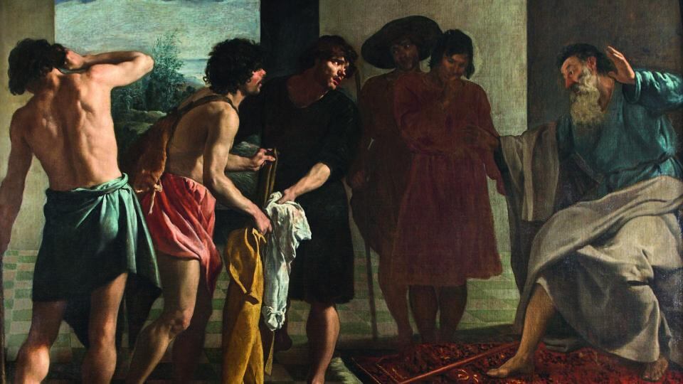 Legacy: Joseph’s Bloody Coat Brought to Jacob (about 1630), a story painting that Velázquez brought back from Rome, bears a strong resemblance to Poussin. Photograph © El Escorial, San Lorenzo/Réunion des Musées Nationaux