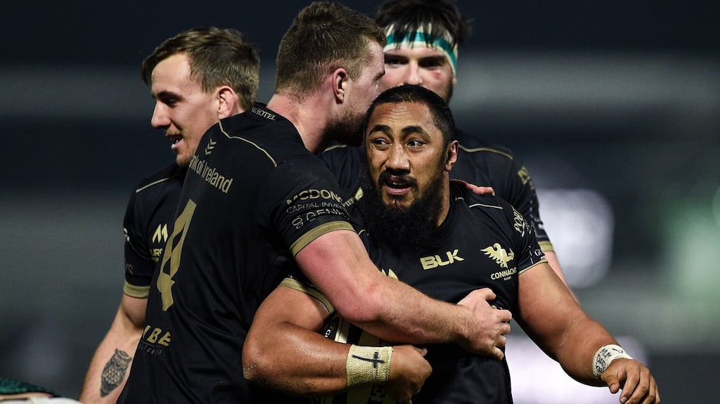 Bundee Aki celebrates after his match-winning score against Benetton. Photograph: Elena Barbini/Inpho