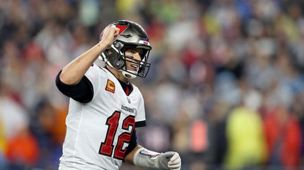 Tom Brady of the Tampa Bay Buccaneers celebrates a touchdown against the New England Patriots during his first game back at Gillete Stadium. Photograph: Maddie Meyer/Getty Images