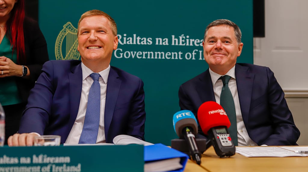 Minister for Public Expenditure and Reform Michael McGrath and Minister for Finance Paschal Donohoe. The payments and tax credits they announced in the budget to alleviate some of the astronomical bills people are facing are only short-term fixes. Photograph: Damien Storan/PA