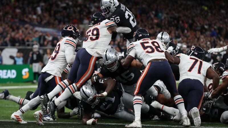 Josh Jacobs of Oakland Raiders scores the winning touchdown against the Chicago Bears. Photograph: Christopher Lee/Getty