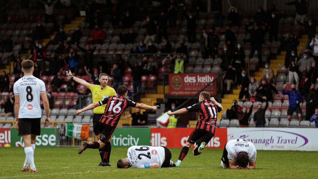 Bohemians’ Keith Buckley celebrates scoring a goal with Liam Burt during their win over Sligo Rovers. Photo: Brian Reilly-Troy/Inpho
