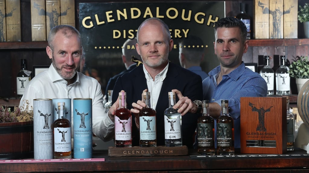 Mark Anthony Brands International chief executive Davin Nugent (centre), with Glendalough Distillery co-founders Barry Gallagher and Brian Fagan.
