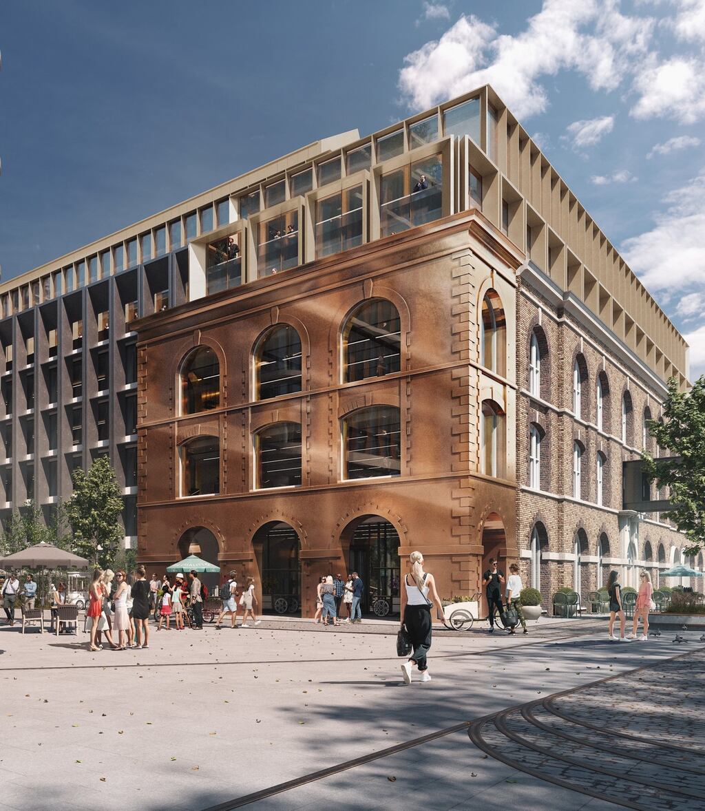 An image of how the Brewhouse 2 building at St James’s Gate could look if plans by Ballymore for its renovation into a modern headquarters for Diageo Ireland are approved by Dublin City Council.