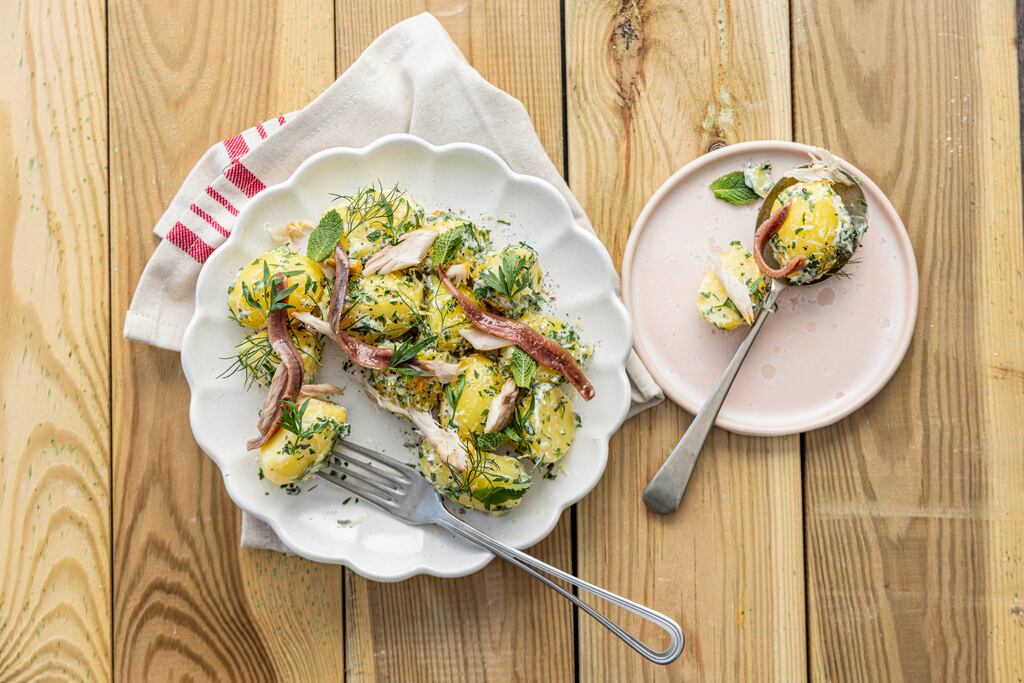 New potato salad with smoked mackerel and anchovies. Photograph: Harry Weir
