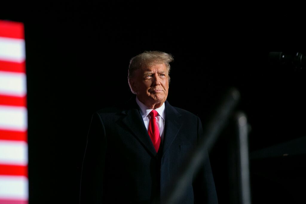 Former US president Donald Trump arrives to speak at a rally in Dayton, Ohio, on Nov. 7, 2022. Trump is active on Truth Social, a social media platform in which he has a financial stake. Photograph: Maddie McGarvey/The New York Times