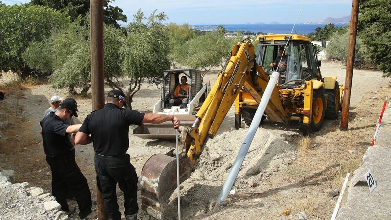 South Yorkshire Police search officers investigate an olive grove near the scene where toddler Ben Needham went missing over 20 years ago in Kos, Greece. Photograph: Gareth Fuller/PA Wire