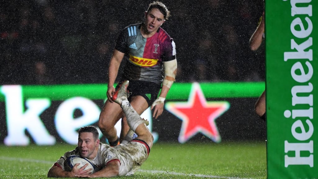 Ulster’s John Cooney scores a try during their Heineken Champions Cup Round 4 match against Harlequins at Twickenham Stoop on Friday. Photograph: Alex Davidson/Getty Images