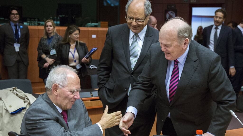 German finance minister Wolfgang Schäuble and Minister for Finance Michael Noonan at yesterday’s eurogroup meeting in Brussels. Photograph: Reuters