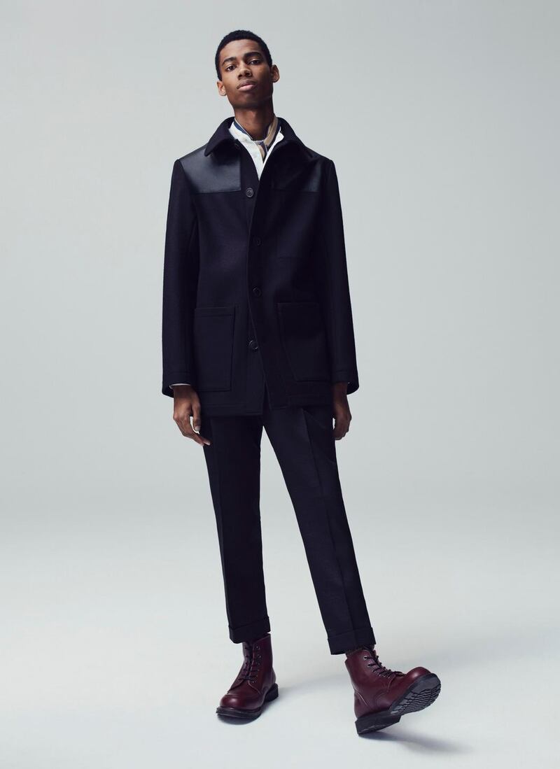 Donkey jacket €875, shirt with detachable collar €195, T-shirt €85, pleated trousers €275, all from Kent & Curwen