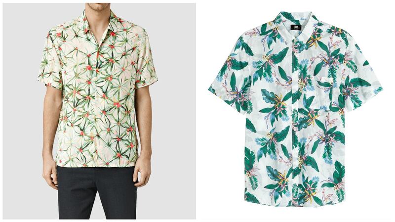 Feel totally tropical with this yuka short sleeve shirt for €125 (left) from All Saints or go green with this shirt for €12.99 from H&M (right).