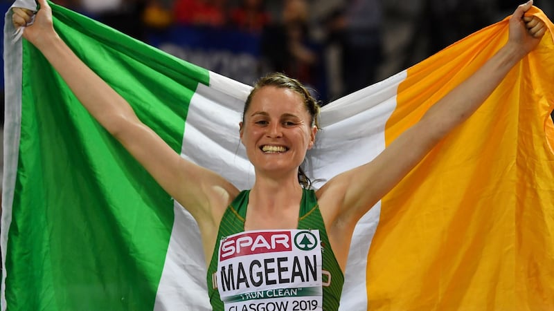 Ireland’s Ciara Mageean celebrates claiming a silver medal in the women’s 1500m final at the 2019 European Athletics Indoor Championships in Glasgow in 2019. Photograph: Ben Stansall/AFP/Getty
