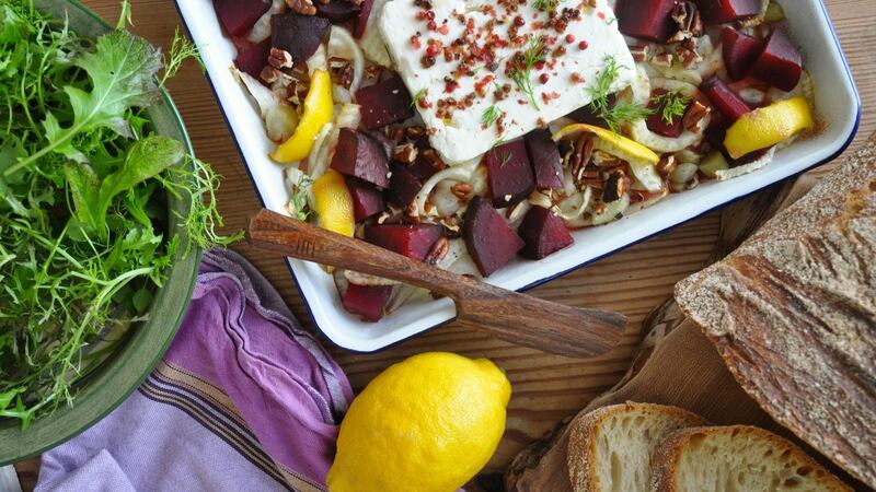 Pink peppercorn baked feta.