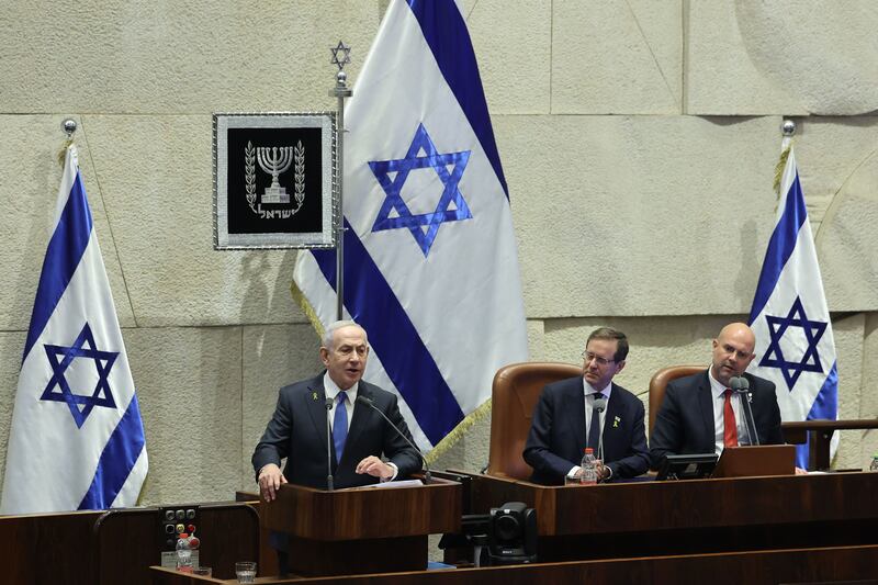 Israeli prime minister Binyamin Netanyahu delivers a speech at the opening of the winter session of the Israeli parliament on Monday. Photograph: EPA