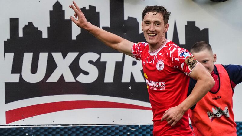 Shelbourne’s John Martin celebrates scoring a hat-trick. Photograph: James Lawlor/Inpho