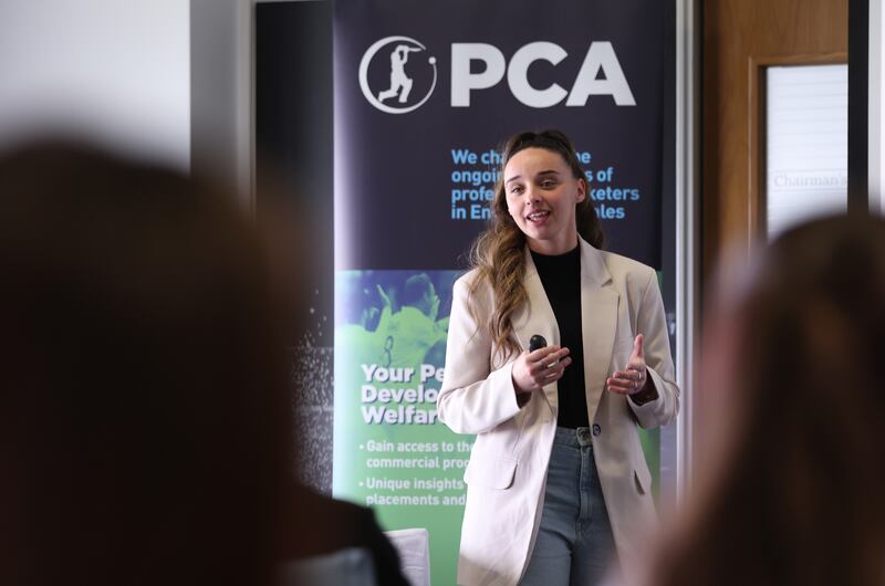 Leigh Nicol of Crystal Palace talks during the PCA Rookie Camp at Edgbaston in Birmingham, England. 'If you do make mistakes, it’s gonna be okay. It is always gonna be okay. There’s always a way to manage it.' Photograph: Nathan Stirk/Getty Images