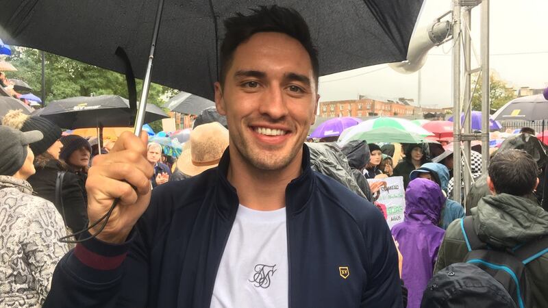 Love Island winner Greg O’Shea at the protest in his native Limerick. Photograph: David Raleigh