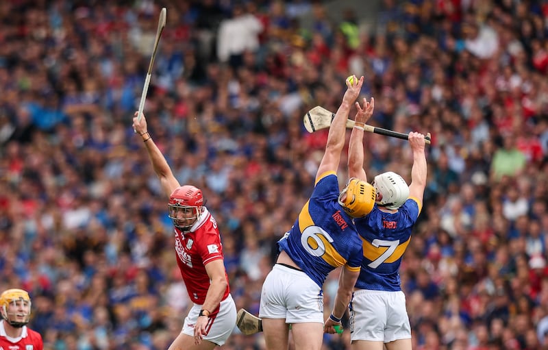 Tipperary's Ronan Maher and Bryan O'Mara were both on hand to collect after Cork's Brian Hayes failed to block the sliotar during the All-Ireland SHC final. Photograph: Ryan Byrne/Inpho