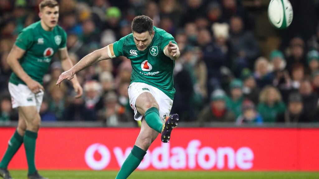 Ireland outhalf Johnny Sexton kicks a penalty in the Six Nations game against England at the Aviva stadium in February 2019. Photograph:   Billy Stickland/Inpho