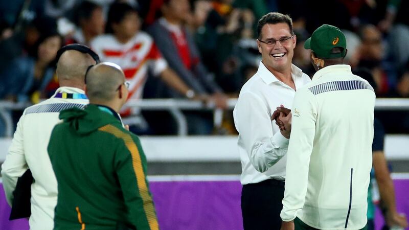 Rassie Erasmus celebrates South Africa’s win over Wales. Photograph: James Crombie/Inpho
