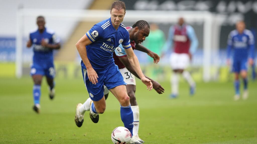 Leicester City’s Jonny Evans in action against Michail Antonio of West Ham United during Sunday’s Premier League match at The King Power Stadium. Photograph: Nigel French/Getty Images