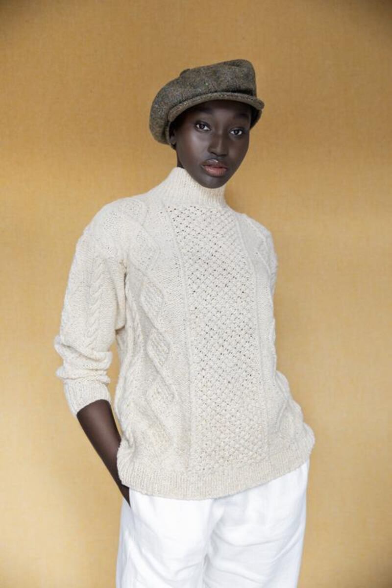 Handknitted Aran sweater to order from ¤380, linen drawstring trousers (€60), handwoven tweed cap (€75). Photograph: Barry McCall
