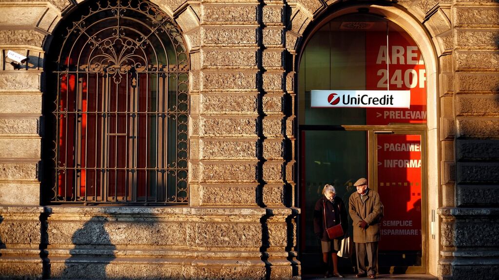 UniCredit’s head office in Milan, Italy: lender said it would book a net capital gain of €2.2 billion from the Pioneer sale. Photograph: Alessia Pierdomenico/Bloomberg