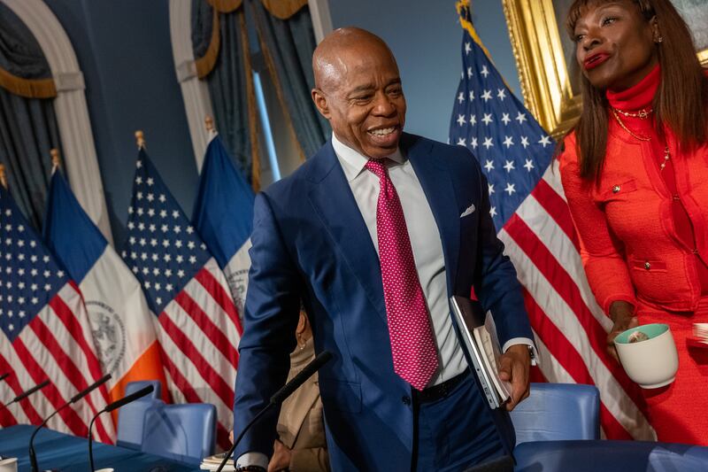 New York City mayor Eric Adams attends a news conference on Tuesday. Photograph: Spencer Platt/Getty Images