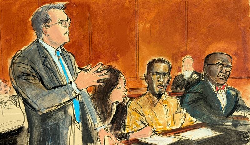 An illustration of Sean ‘Diddy’ Combs’ appearing in court as his lawyers fought to have him released from prison on bail. Image: Elizabeth Williams/AP